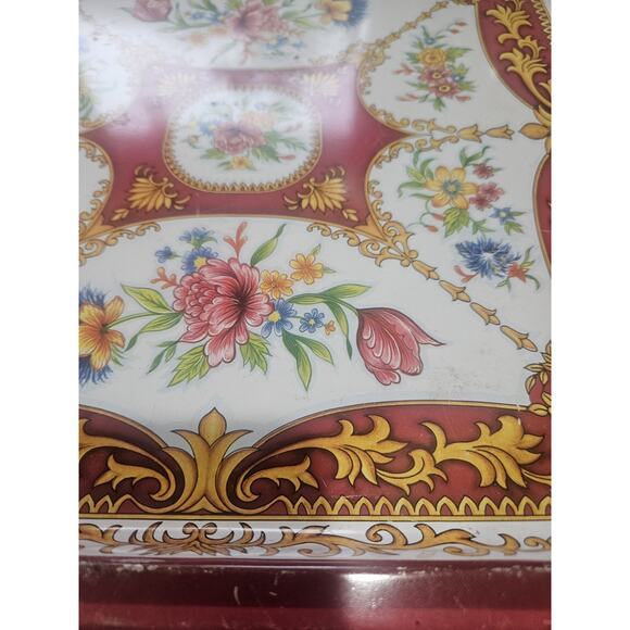 Vintage 1987 the Tin Box Company Square Serving Tray Tin Floral Red And Gold - Picture 3 of 11